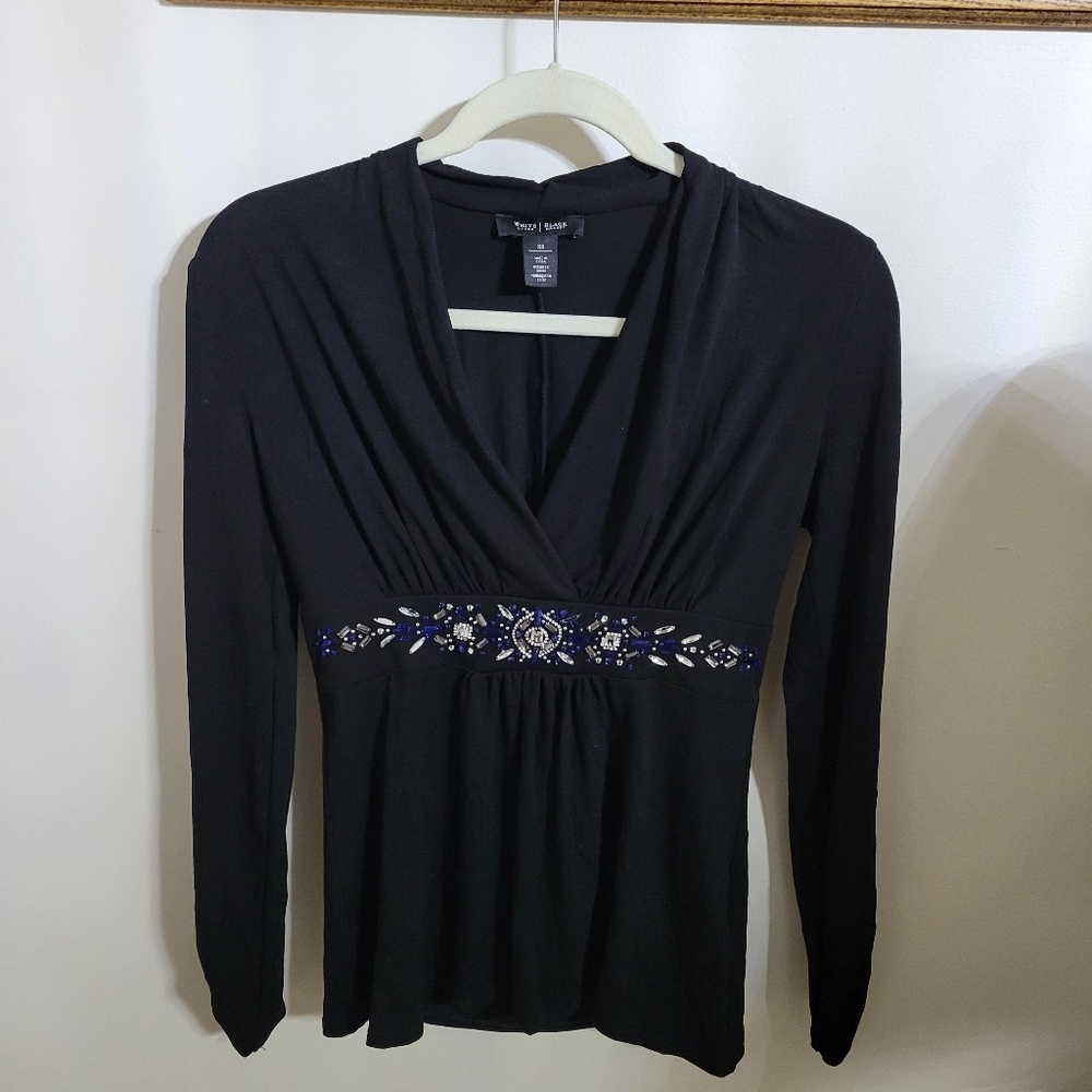 White House Black Market Black Long Sleeve Top w Blue & White Embellishments, XS